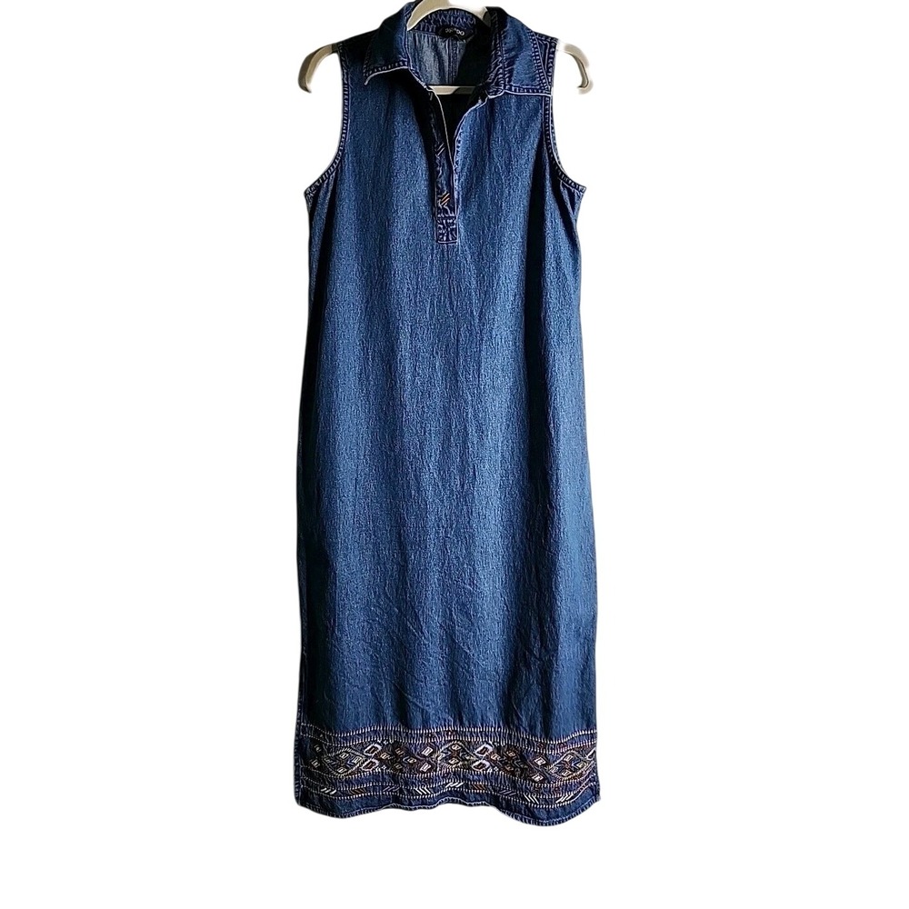 Agapo Womens Blue Denim Sleeveless Embroidered Hem Maxi Dress Size L Cotton